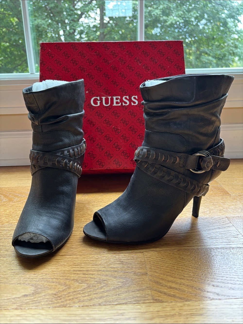 GUESS Black Leather Peep-Toe Ankle Boots with Braided Strap